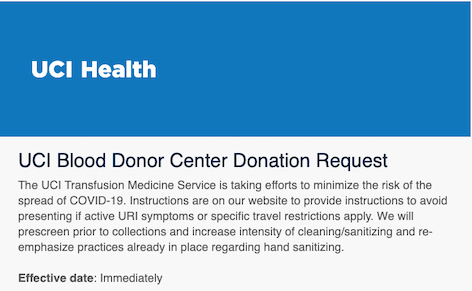 UCI Blood Donor Center Donation Request